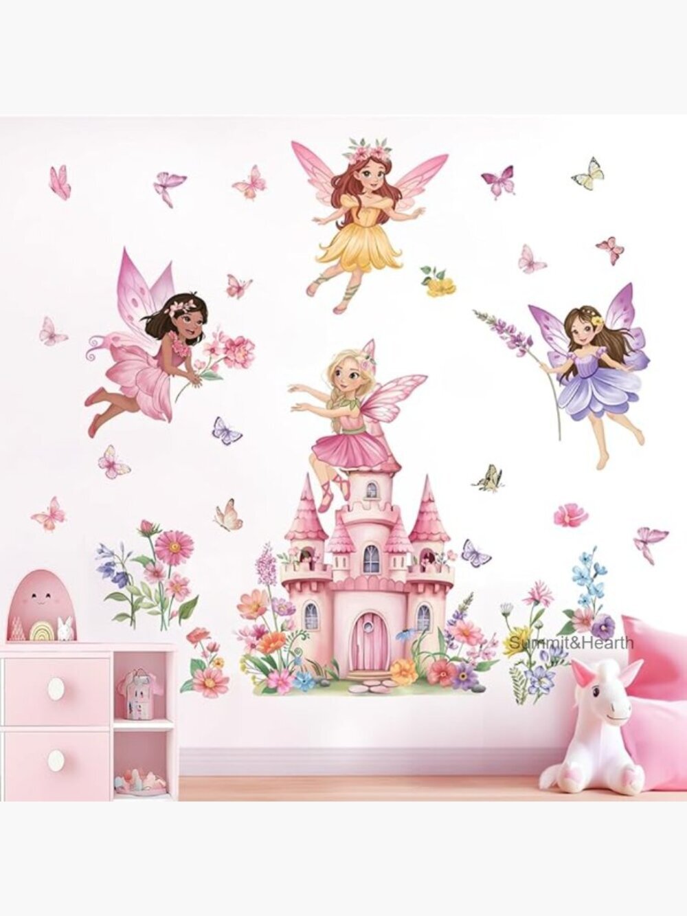 Flower Fairy Castle Wall Decals, Butterfly Floral Peel and Stick Wall Art